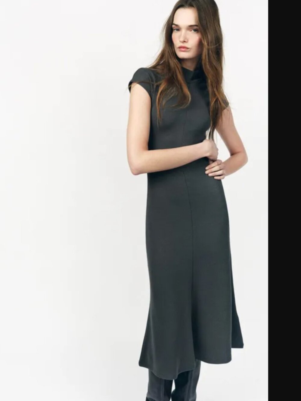 Zara ZW Collection Women Grey Soft-Fabric Jersey A-Line Midi Dress Size L NWT